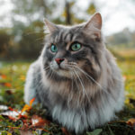fluffy gray cat with green eyes in nature